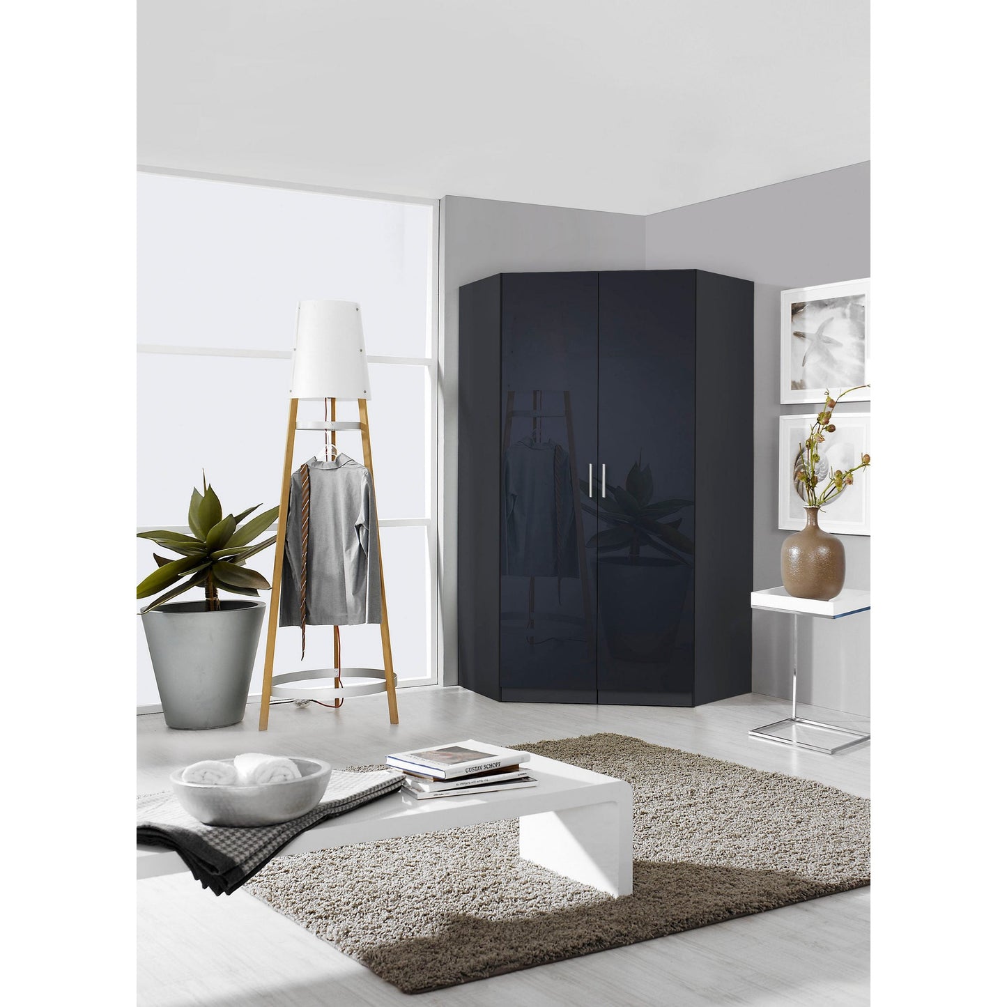 Rauch Celle High Gloss White 2 Door Corner Wardrobe with Shelves