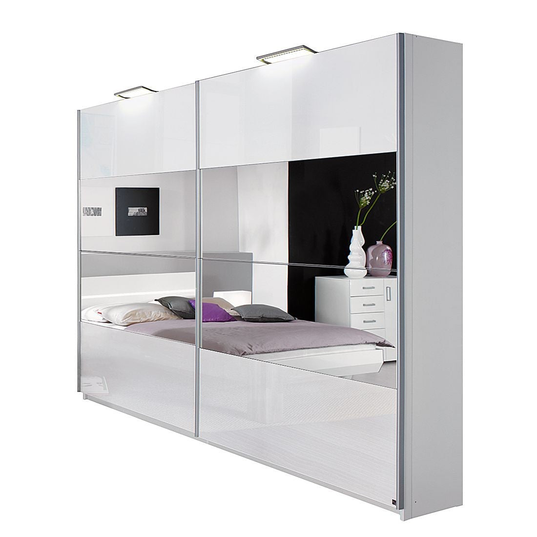 Rauch New York Sliding Door Wardrobe 225cm High Gloss White with Stripe Mirrors
