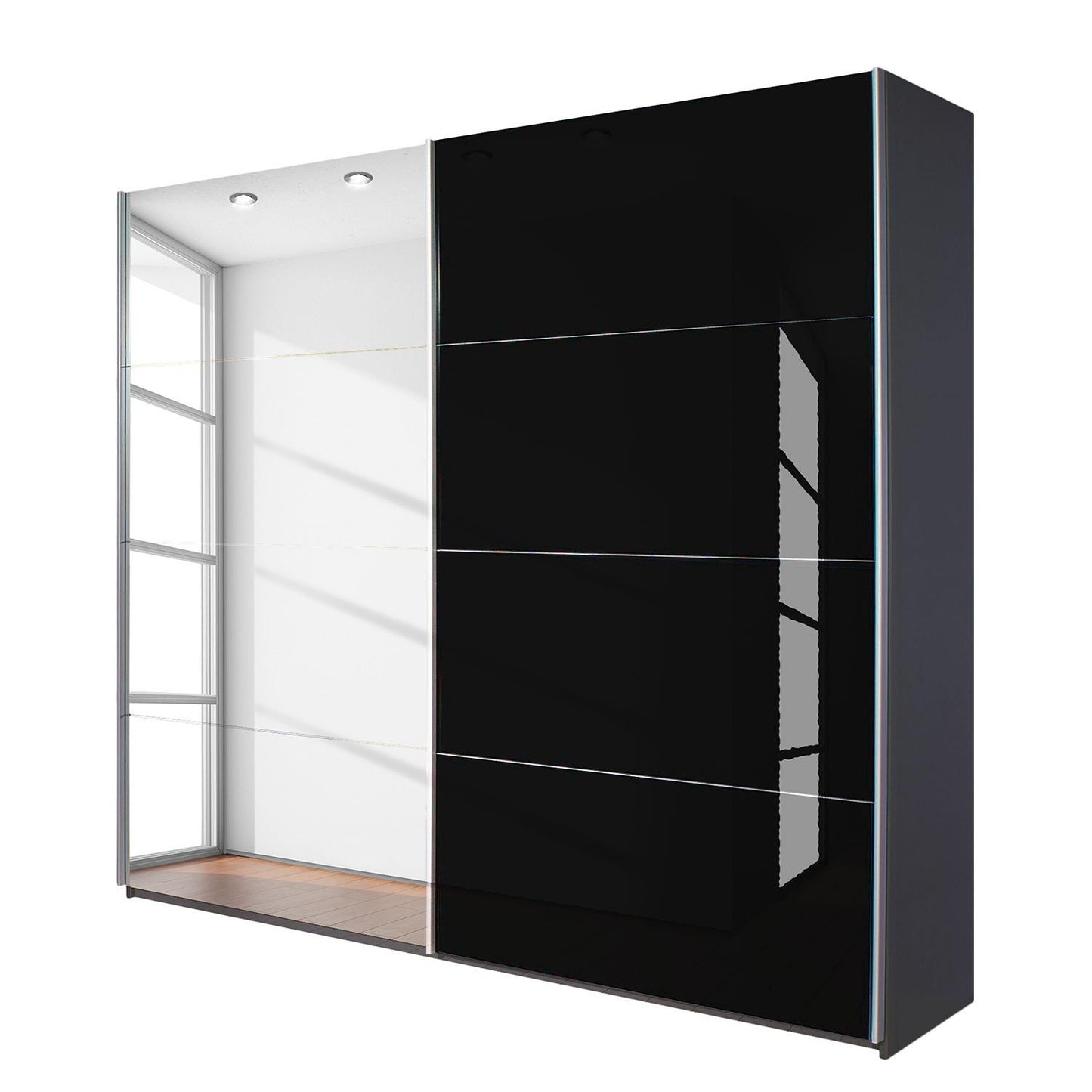 Rauch Beluga Sliding Door Wardrobe Mirrors and Black Gloss 226cm