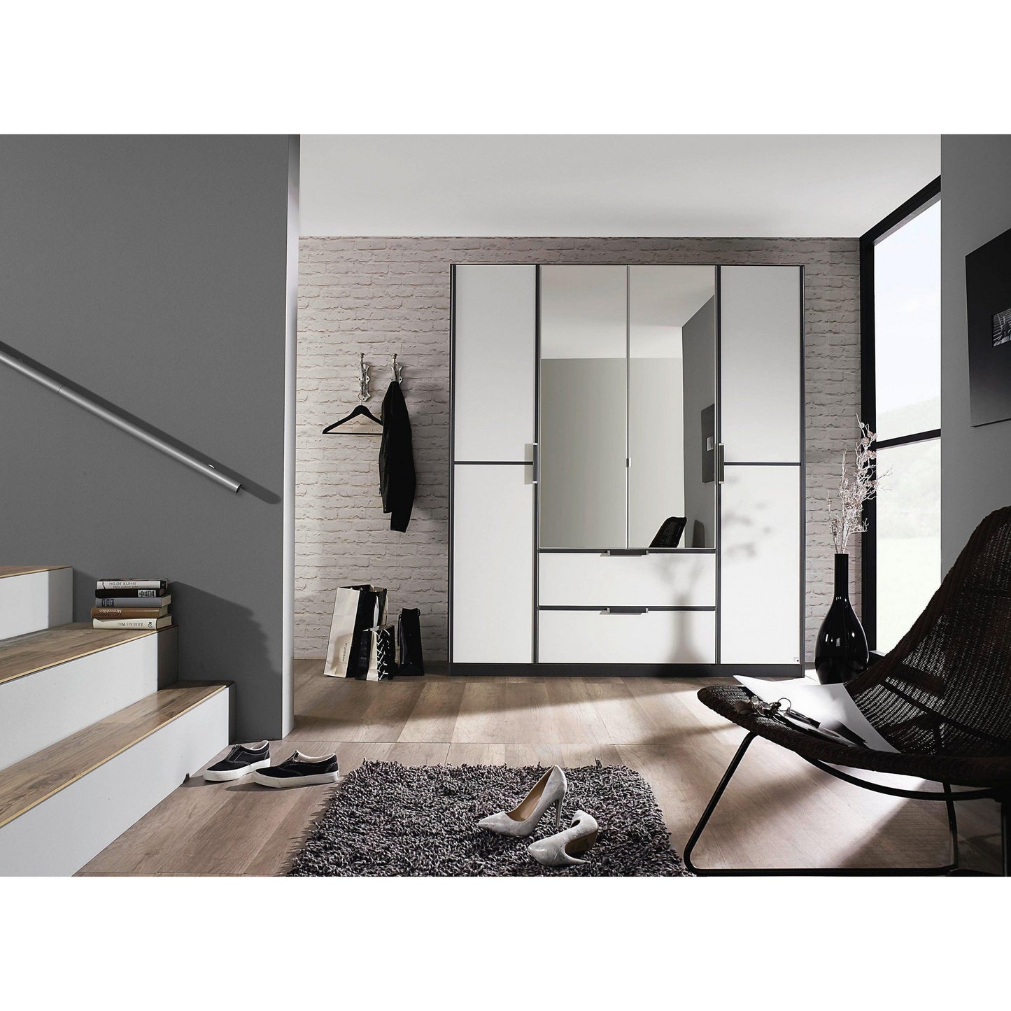 Rauch Essence Modular Wardrobe with Drawers Graphite and White Glass