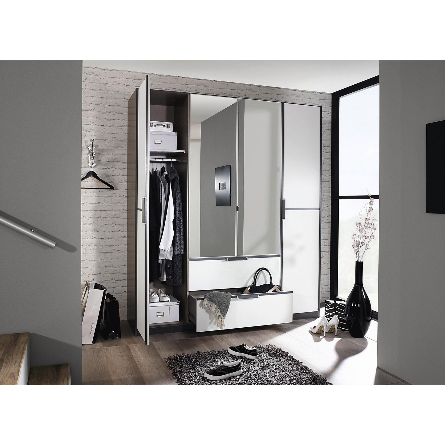 Essence Modular Wardrobe with Drawers Graphite and White Glass