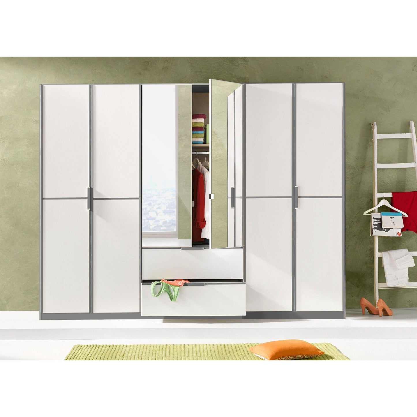 Rauch Essence Modular Wardrobe with Drawers Graphite and White Glass