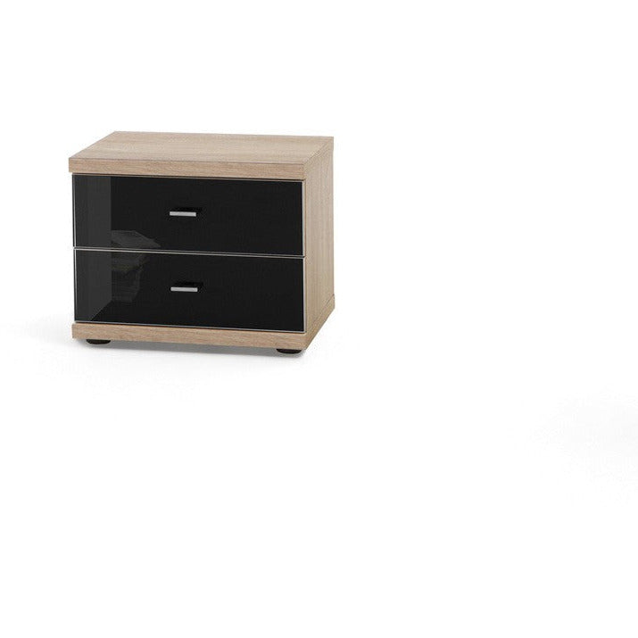 Wiemann Miro 2 Drawer Black Glass Bedside Cabinet in Rustic Oak