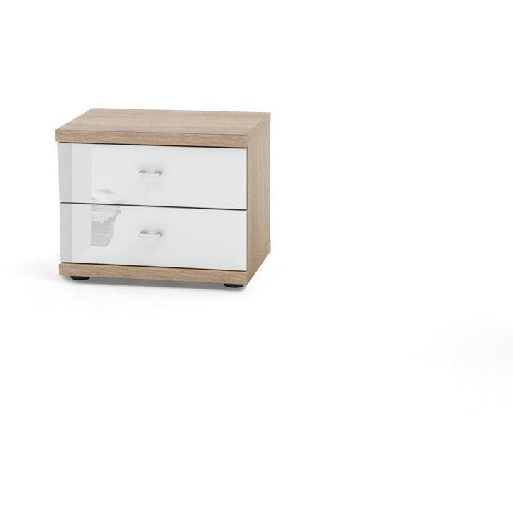 Wiemann Miro 2 Drawer White Glass Bedside Cabinet in Rustic Oak