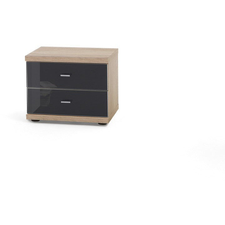 Wiemann Miro 2 Drawer Graphite Glass Bedside Cabinet in Rustic Oak