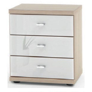 Wiemann Miro 3 Drawer White Glass Bedside Cabinet in Rustic Oak