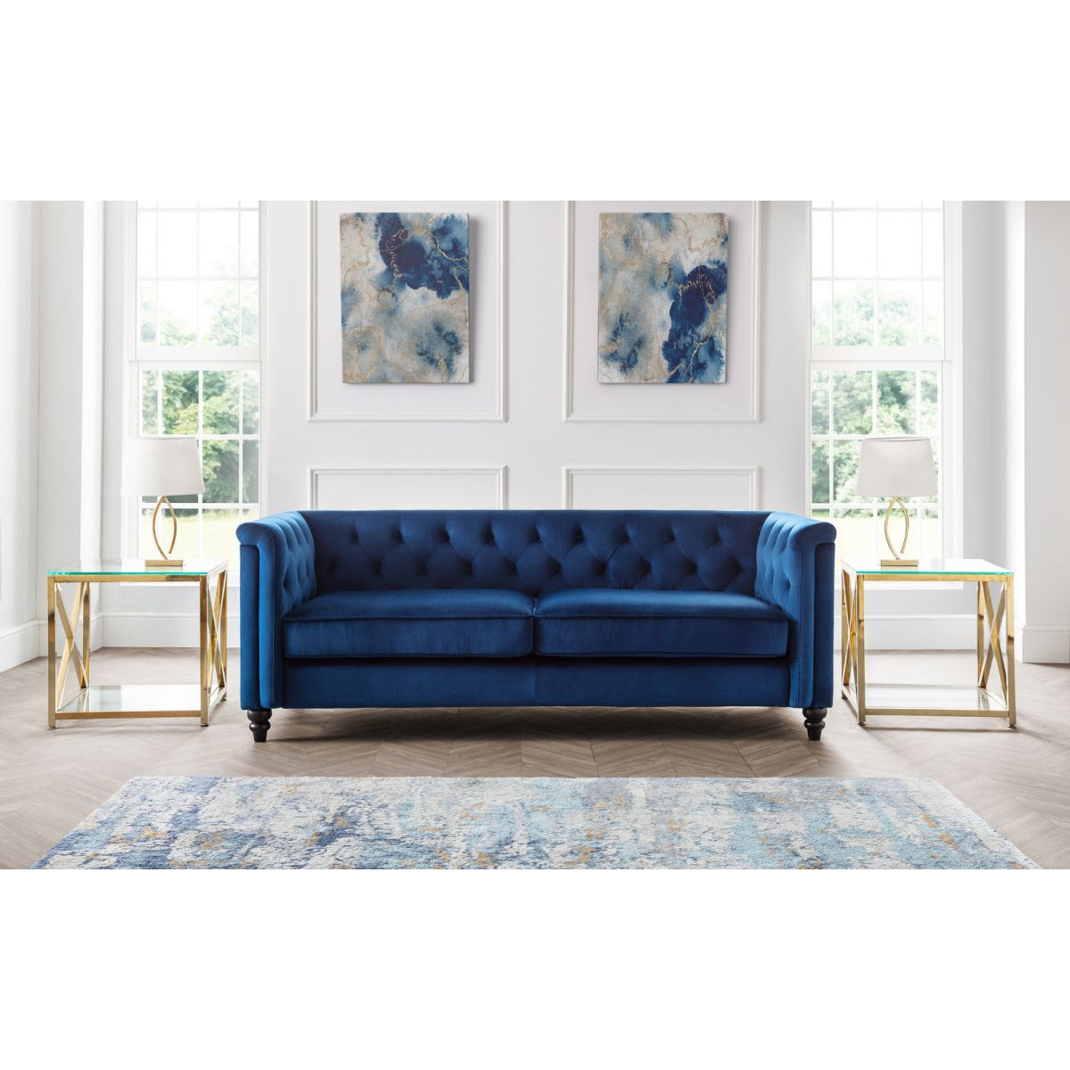 Sandringham 3 seater Blue Velvet Sofa