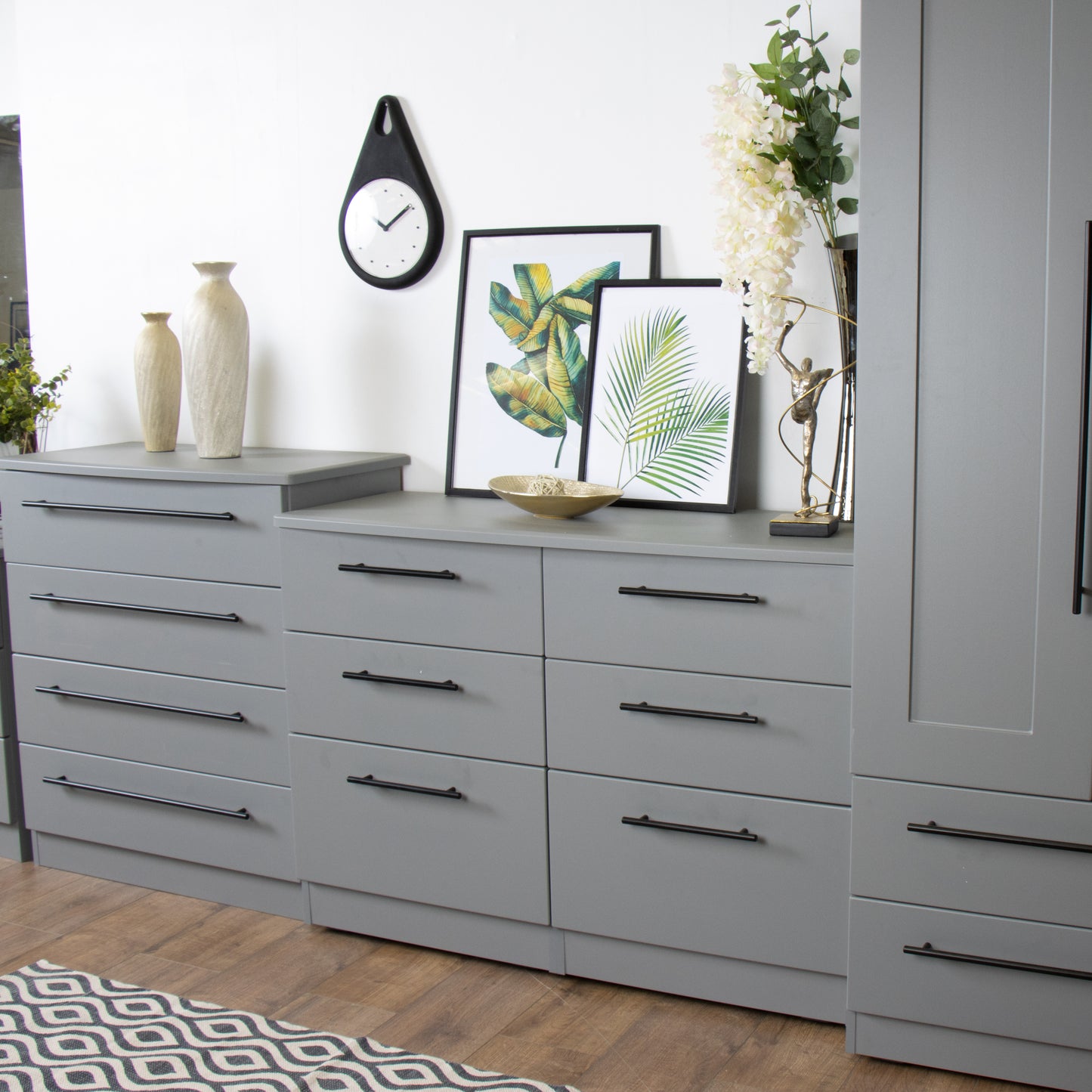 Beverley Tall Triple 2 Drawer Mirror + Drawer Wardrobe