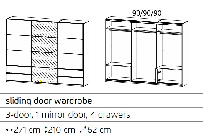 Elara 3 door Sliding door wardrobe with Drawers