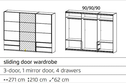 Elara 3 door Sliding door wardrobe with Drawers