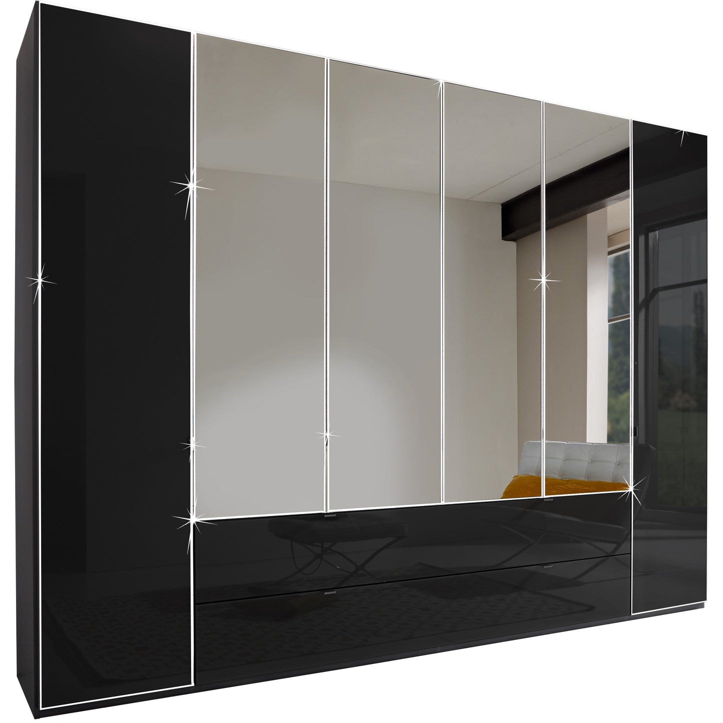 Wiemann Eastside Wardrobe Black Glass Centre Mirror with Drawers 300cm