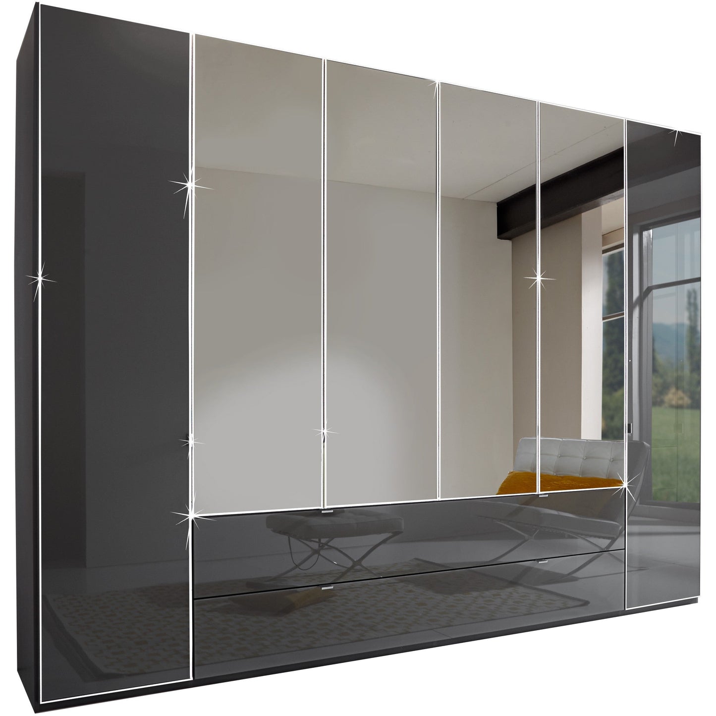 Wiemann Eastside Wardrobe Havana Glass Centre Mirror with Drawers 300cm