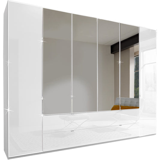 Wiemann Eastside Wardrobe White Glass Centre Mirror with Drawers 300cm