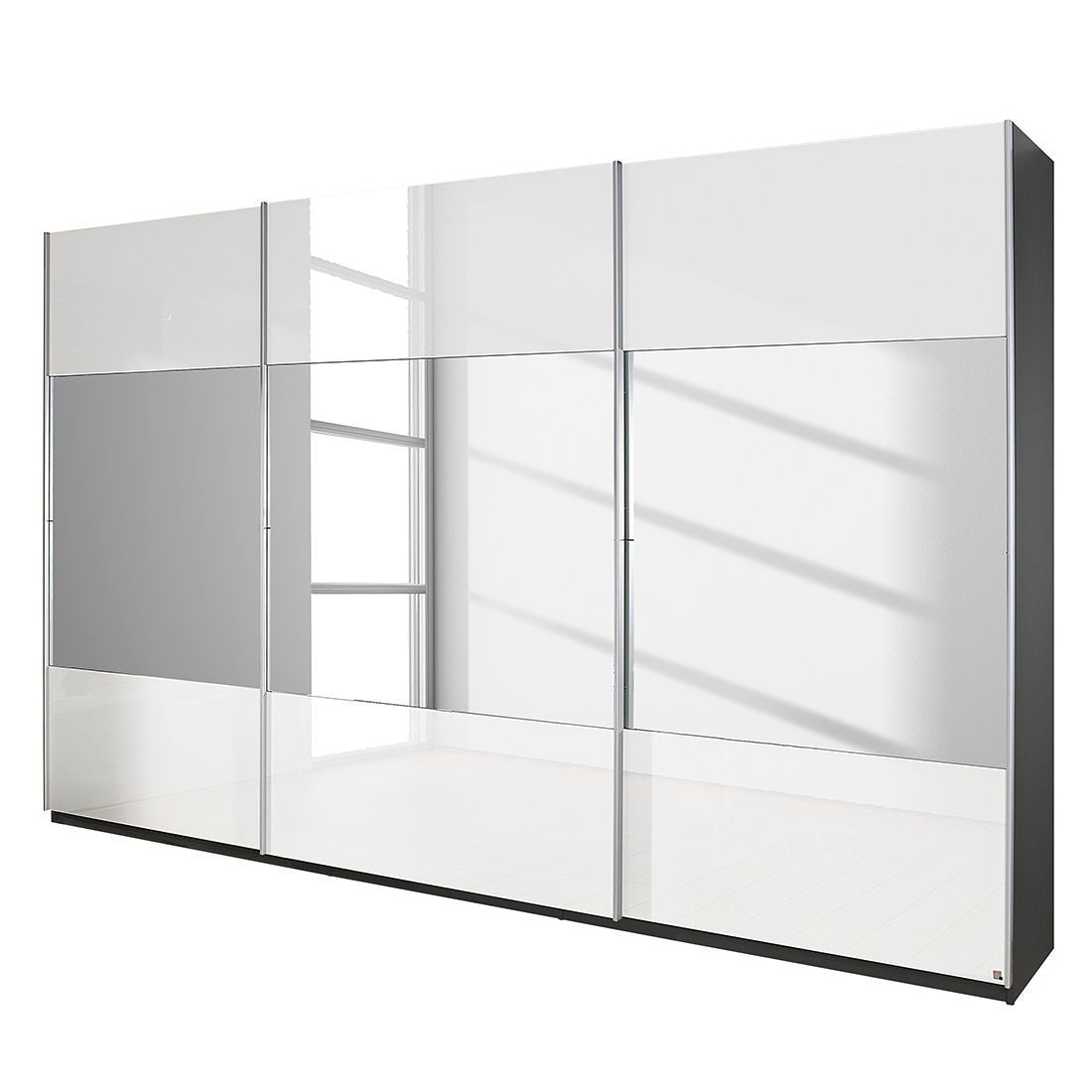 Rauch New York Sliding Door Wardrobe High Gloss White with Stripe Mirrors 315cm