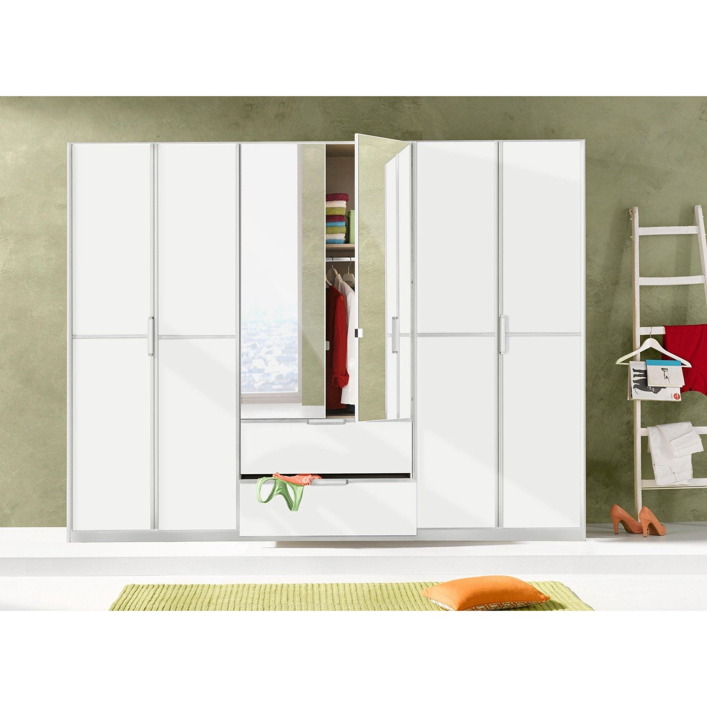 Rauch Essence Modular Wardrobe with Drawers White and White Glass