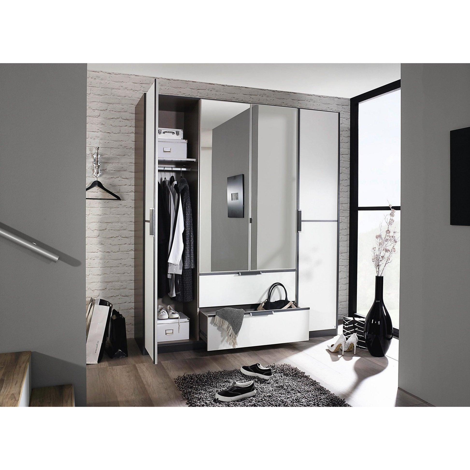 Essence Modular Wardrobe with Drawers Graphite and White Glass