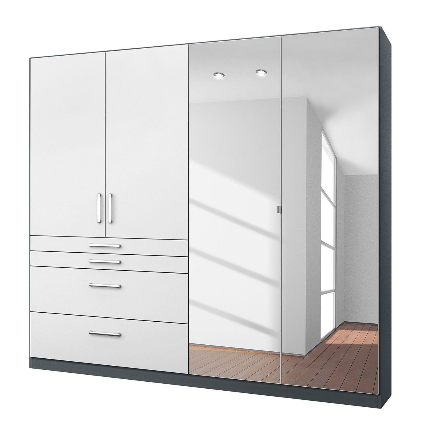 Rauch Homburg Grey 4 door White gloss Wardrobe Mirrored