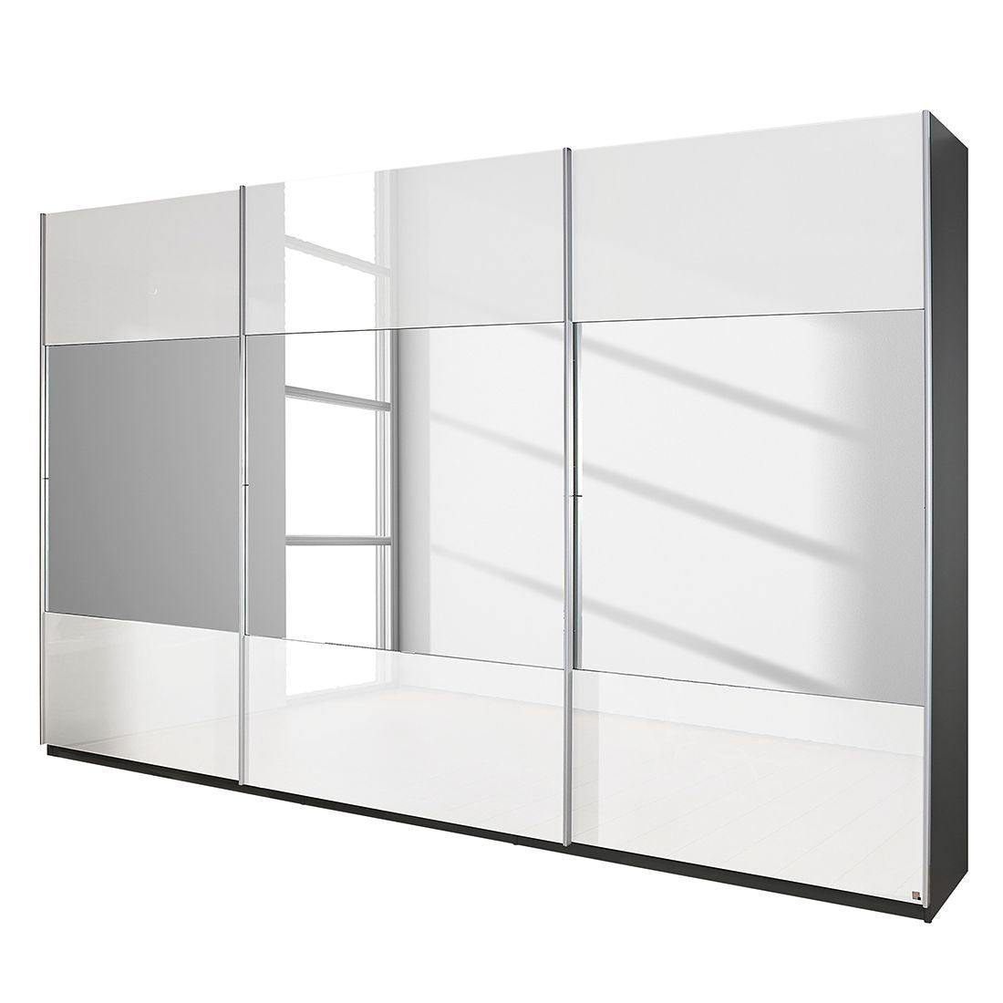 Rauch New York Sliding Door Wardrobe High Gloss White with Stripe Mirrors 315cm