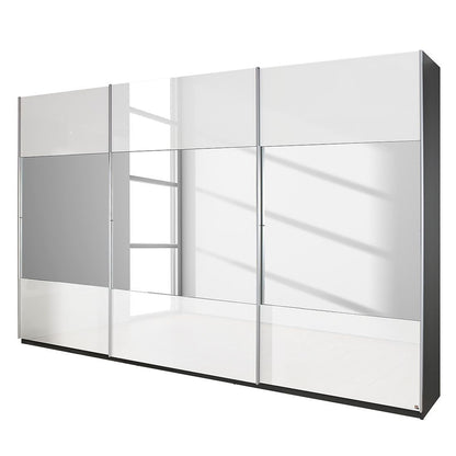 Rauch New York Sliding Door Wardrobe High Gloss White with Stripe Mirrors 315cm