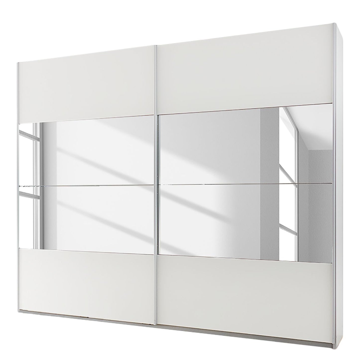 Rauch Quadra Sliding Door Wardrobe 181cm High Gloss White with Stripe Mirrors