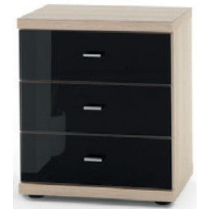 Wiemann Miro 3 Drawer Black Glass Bedside Cabinet in Rustic Oak