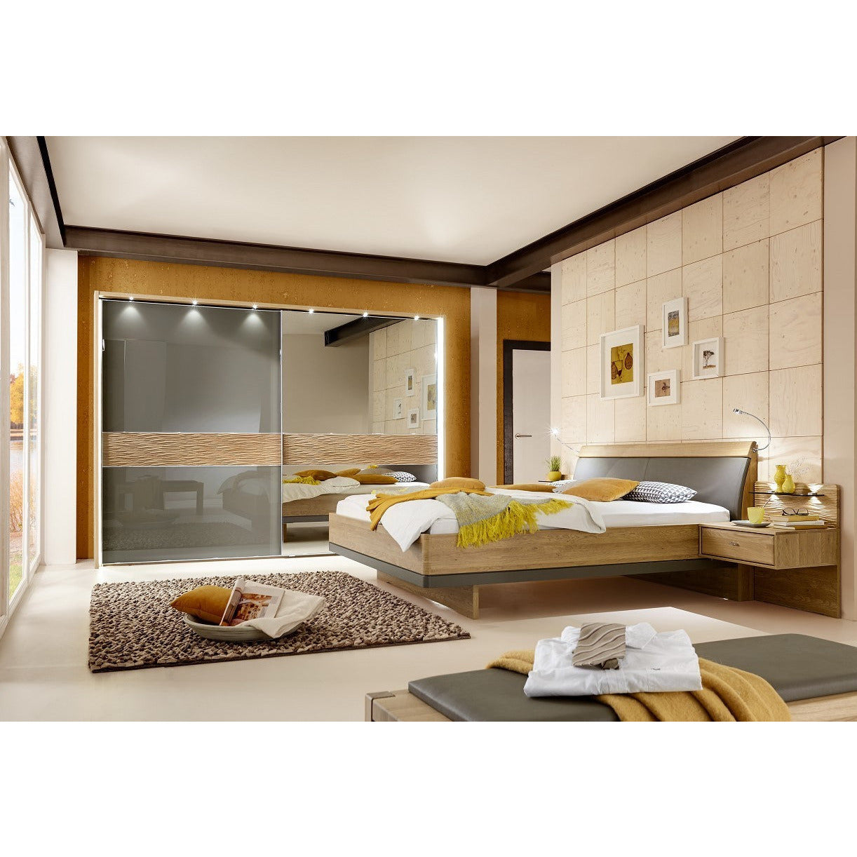 Wiemann Wega 2 Door Right Mirror Sliding Wardrobe in Oak and Havana Glass