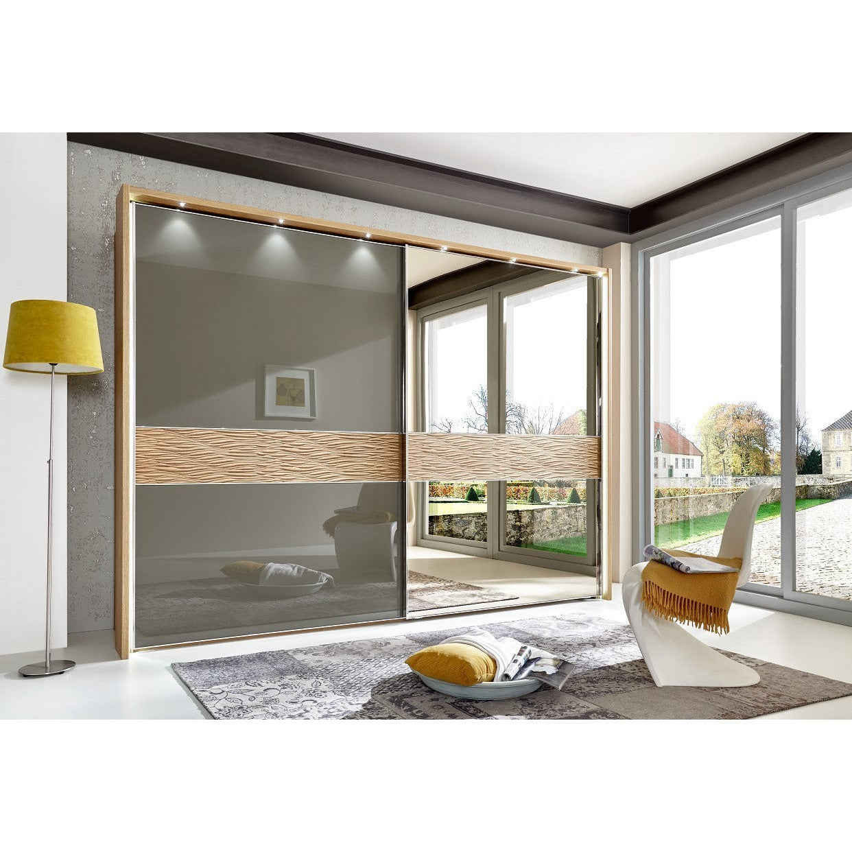 Wiemann Wega 2 Door Right Mirror Sliding Wardrobe in Oak and Havana Glass
