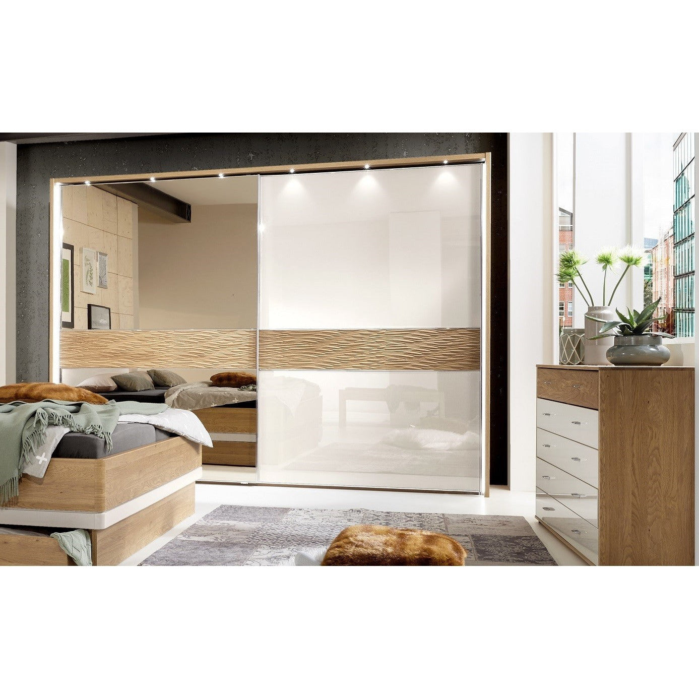 Wiemann Wega 2 Door Left Mirror Sliding Wardrobe in Oak and Champagne Glass