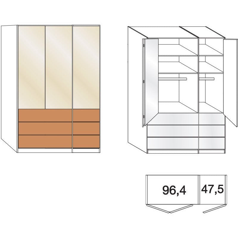 Wiemann Serena 6 Door Combi Bi Fold Wardrobe in Oak and Magnolia Glass