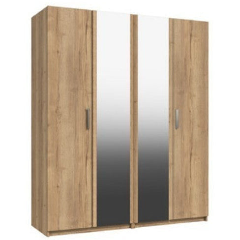 Waterfall 4 Door Wardrobe With 2 Mirrors Natural Rustic Oak