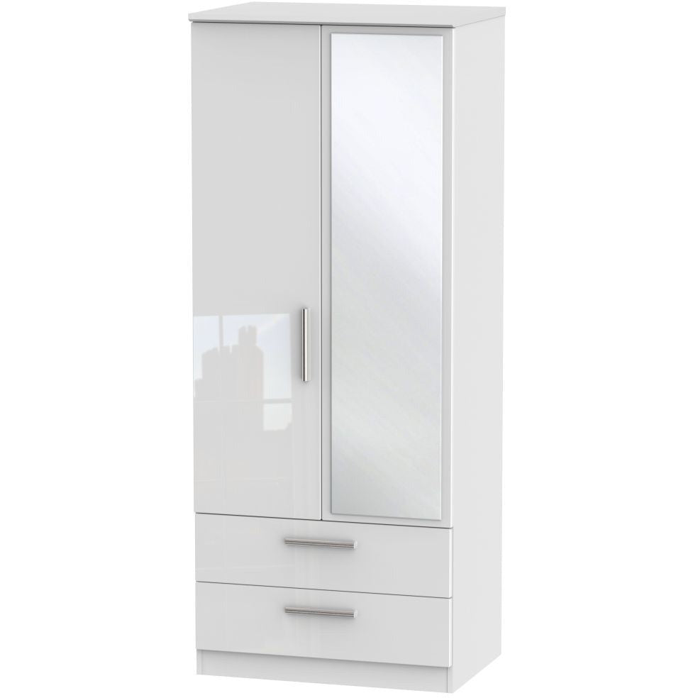 Knightsbridge High Gloss White 2 Drawer 2 Door Wardrobe with mirror