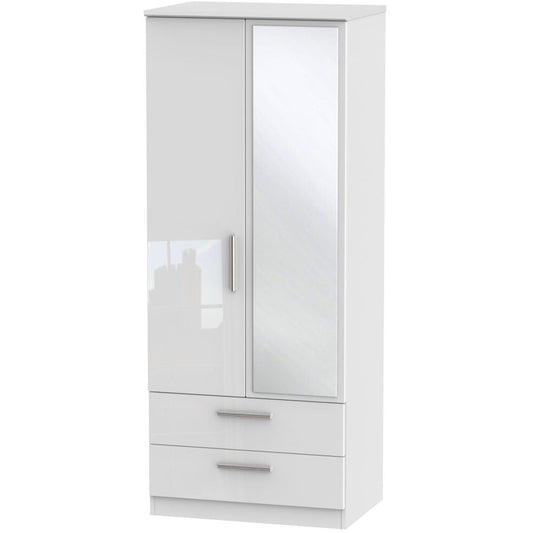 Knightsbridge High Gloss White 2 Drawer 2 Door Wardrobe with mirror