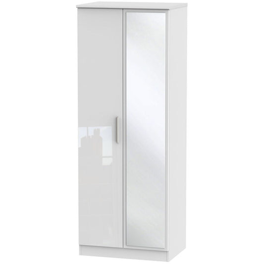 Knightsbridge High Gloss White 2 Door Wardrobe Tall with mirror