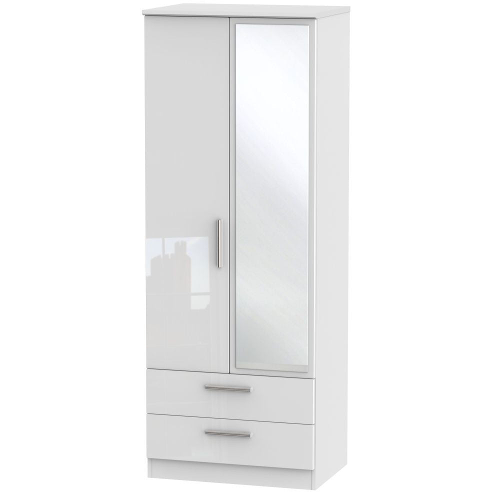 Knightsbridge High Gloss White 2 Drawer 2 Door Wardrobe Tall with mirror