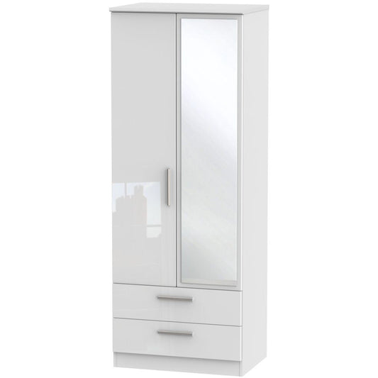 Knightsbridge High Gloss White 2 Drawer 2 Door Wardrobe Tall with mirror