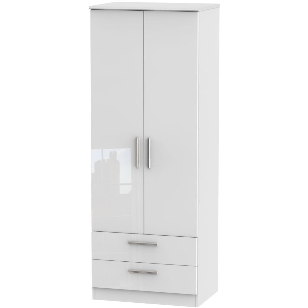Knightsbridge High Gloss White 2 Drawer 2 Door Wardrobe Tall