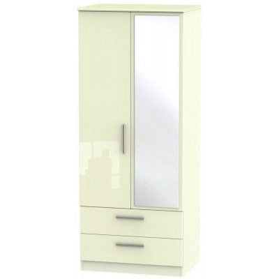 Knightsbridge High Gloss Cream 2 Drawer 2 Door Wardrobe with mirror