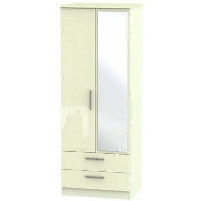 Knightsbridge High Gloss Cream 2 Drawer 2 Door Wardrobe Tall with mirror