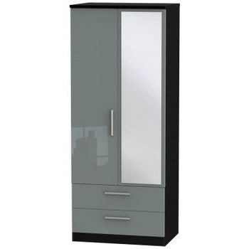 Knightsbridge High Gloss Grey and Black 2 Drawer 2 Door Wardrobe with mirror