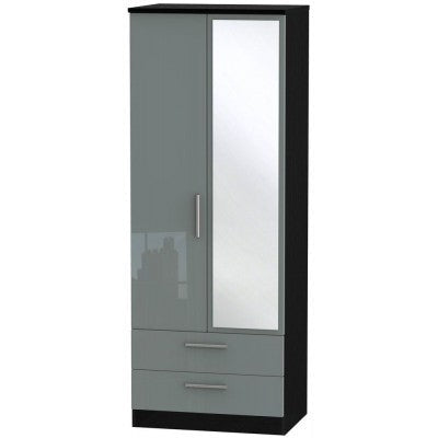 Knightsbridge High Gloss Grey and Black 2 Drawer 2 Door Wardrobe Tall with mirror