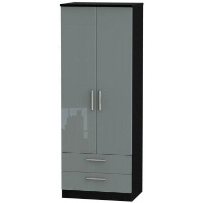 Knightsbridge High Gloss Grey and Black 2 Drawer 2 Door Wardrobe Tall