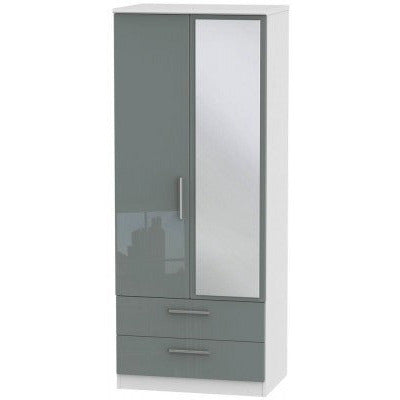 Knightsbridge High Gloss Grey and White 2 Drawer 2 Door Wardrobe with mirror
