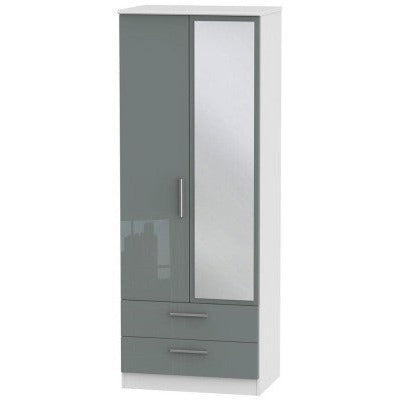 Knightsbridge High Gloss Grey and White 2 Drawer 2 Door Wardrobe Tall with mirror