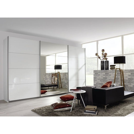 Rauch Kulmbach Sliding Wardrobe White Carcase and White Glass with Centre Mirror