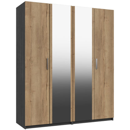 Waterfall 4 Door Wardrobe With 2 Mirrors Natural Rustic Oak and Graphite