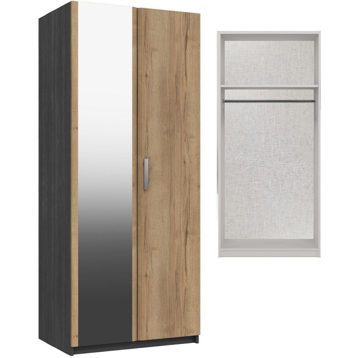 Waterfall 2 Door  with mirror Wardrobe Graphite and Oak
