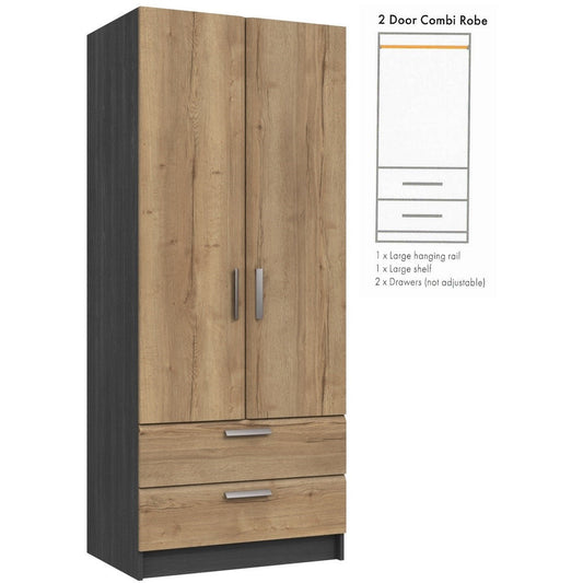 Waterfall 2 Door gents Wardrobe Graphite and Oak