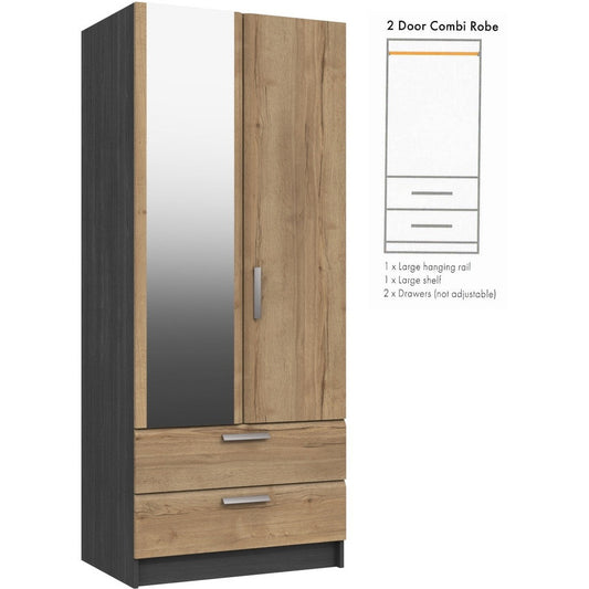 Waterfall 2 Door gents Wardrobe with mirror Graphite and Oak