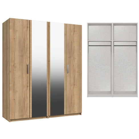 Waterfall 4 Door Wardrobe With 2 Mirrors Natural Rustic Oak