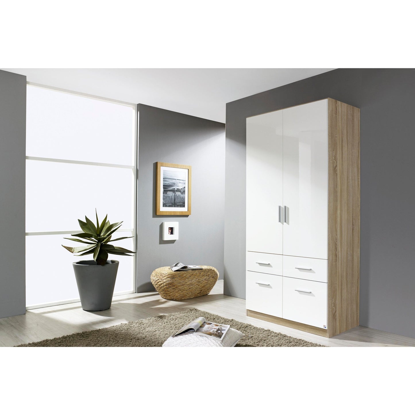 Rauch Celle High Gloss White 2 Door Wardrobe with Drawers